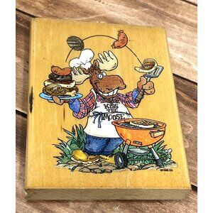 1998 ENESCO MOOSE CREEK CROSSING XR003 GRILL CRAZY WOOD MOUNTED RUBBER STAMP